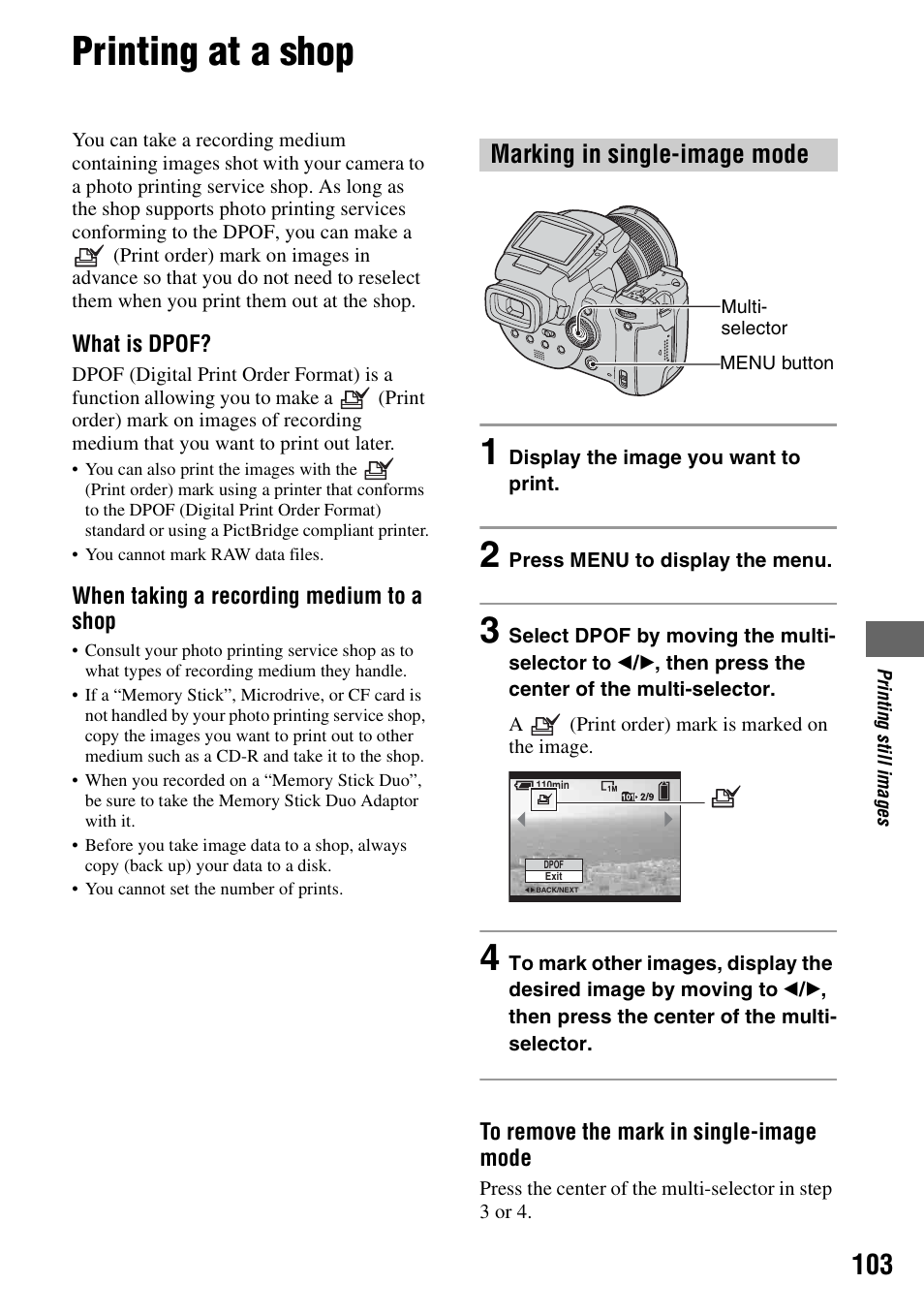 Printing at a shop, Marking in single-image mode | Sony DSC-R1 User Manual | Page 103 / 135