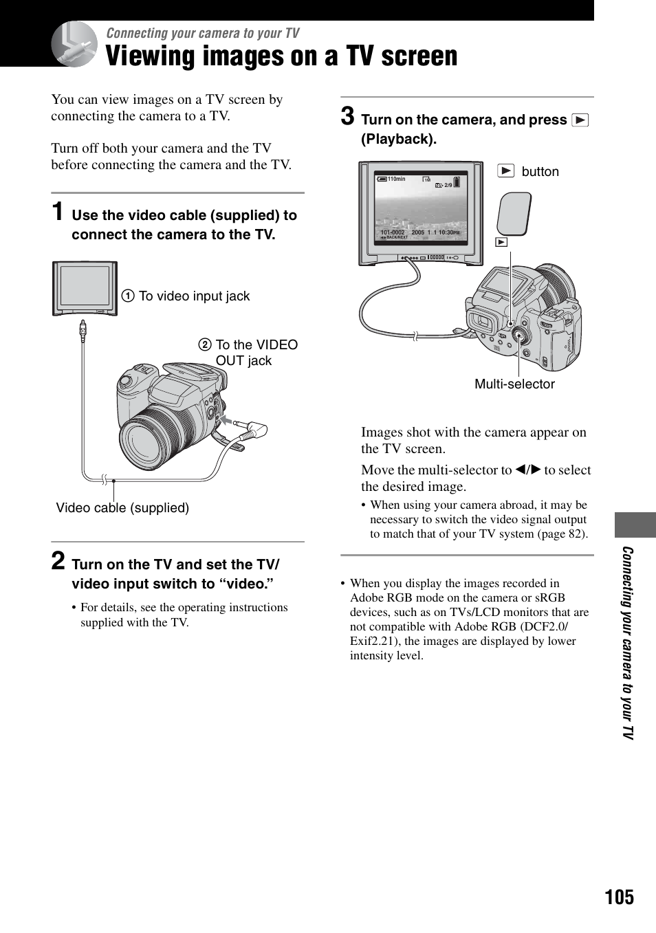 Connecting your camera to your tv, Viewing images on a tv screen | Sony DSC-R1 User Manual | Page 105 / 135