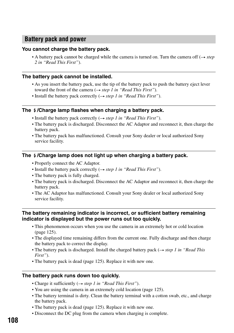 Battery pack and power | Sony DSC-R1 User Manual | Page 108 / 135