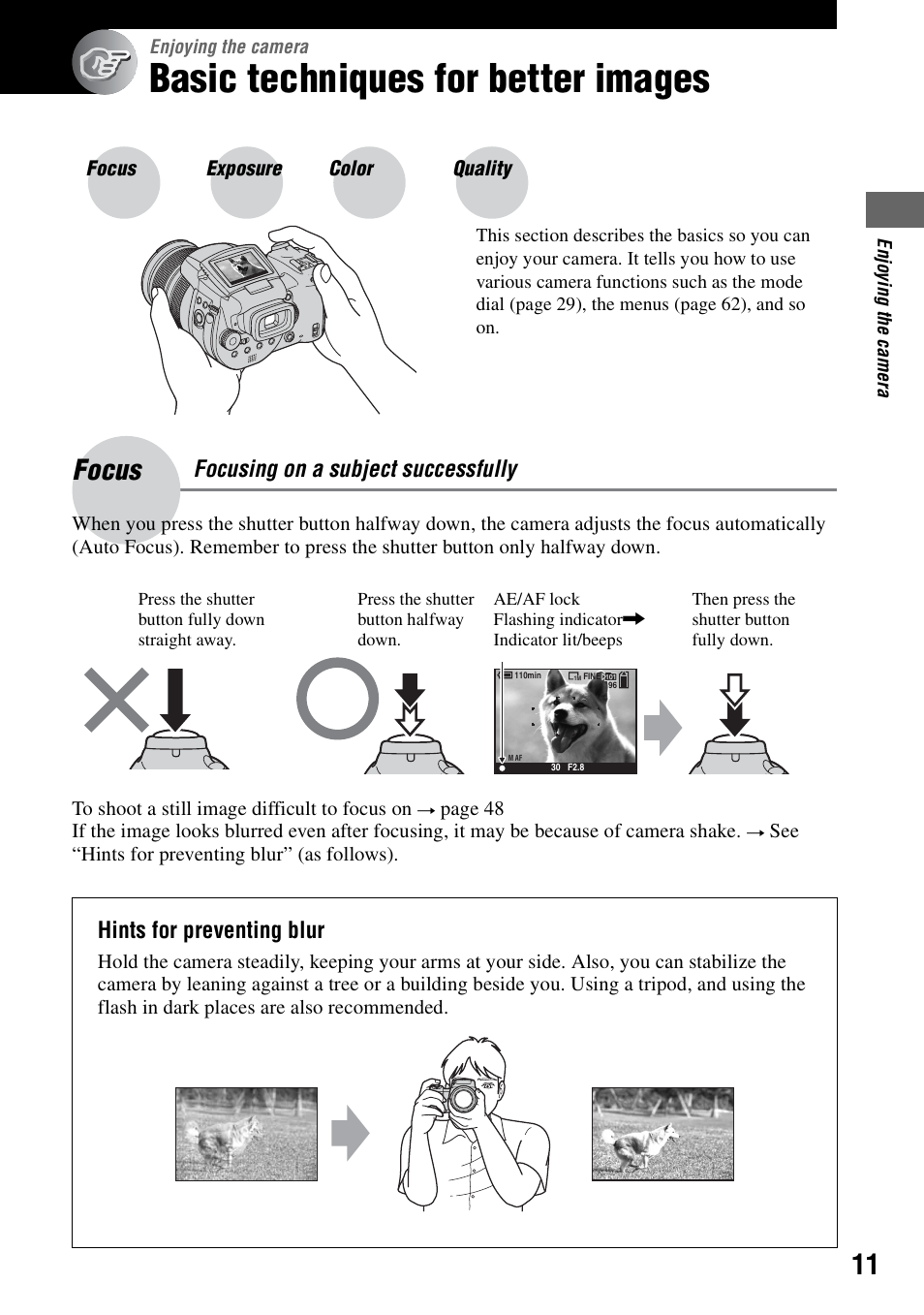Enjoying the camera, Basic techniques for better images, Focus focusing on a subject successfully | Focus – focusing on a subject successfully, Focus, Focusing on a subject successfully, Hints for preventing blur | Sony DSC-R1 User Manual | Page 11 / 135