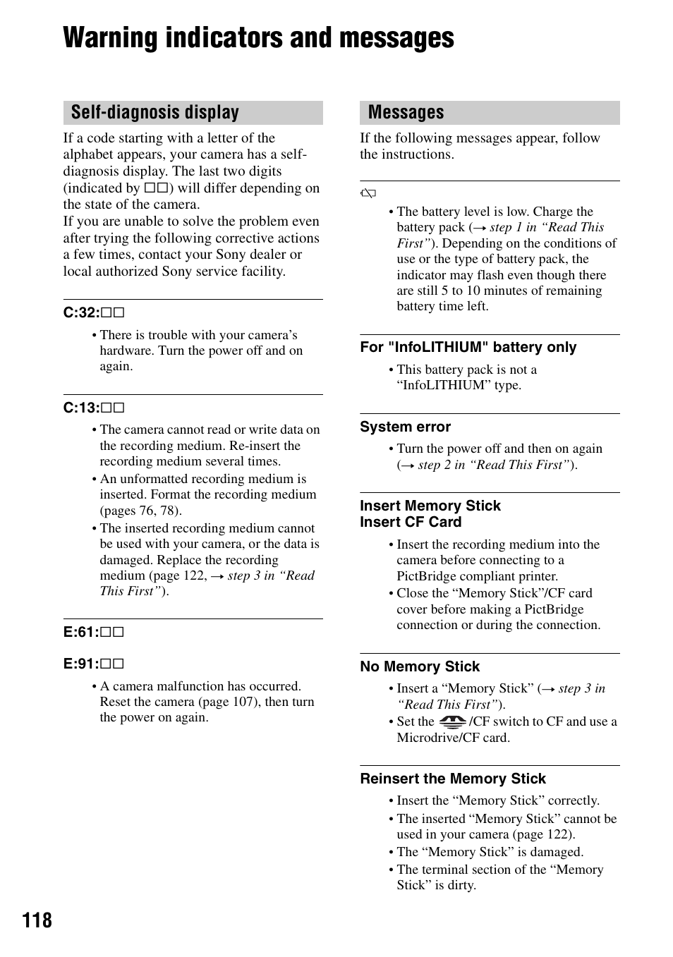 Warning indicators and messages, Self-diagnosis display messages | Sony DSC-R1 User Manual | Page 118 / 135