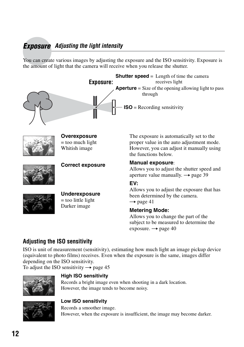 Exposure adjusting the light intensity, Exposure – adjusting the light intensity, Exposure | Sony DSC-R1 User Manual | Page 12 / 135