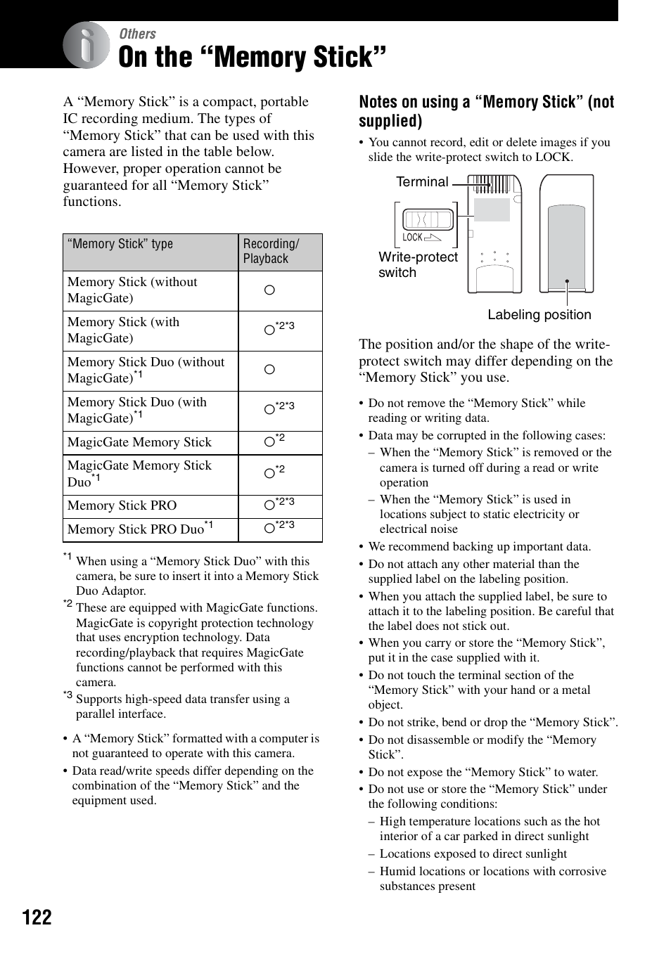 Others, On the “memory stick | Sony DSC-R1 User Manual | Page 122 / 135