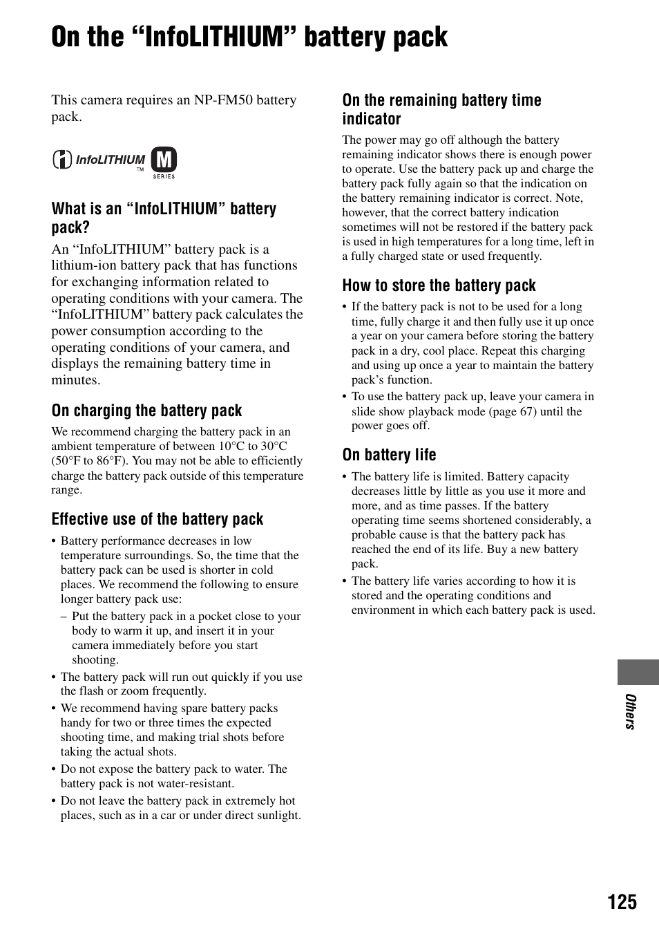 On the “infolithium” battery pack | Sony DSC-R1 User Manual | Page 125 / 135