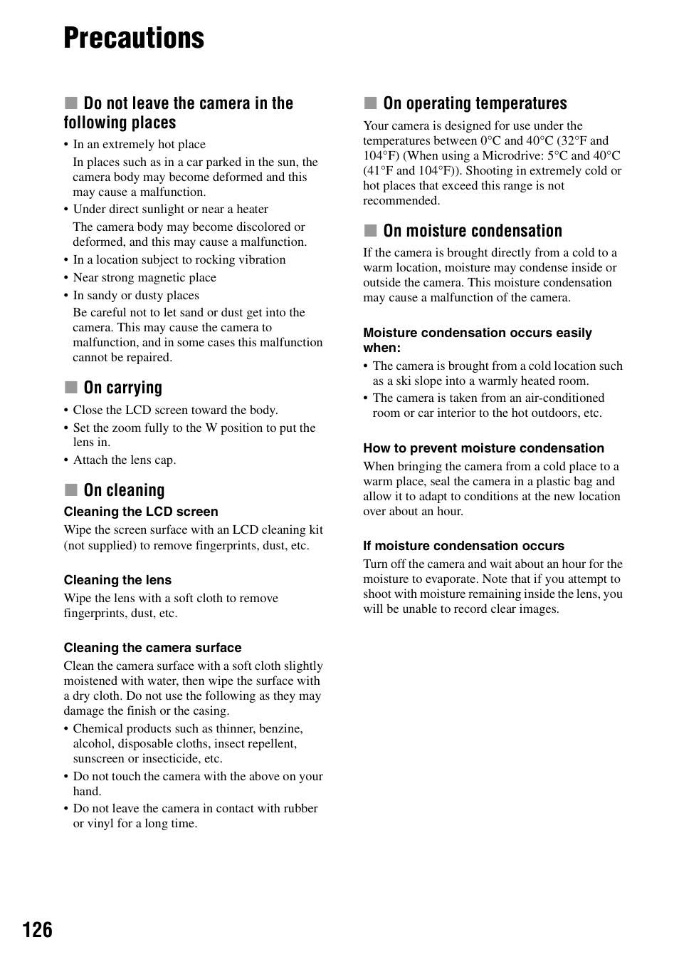Precautions | Sony DSC-R1 User Manual | Page 126 / 135