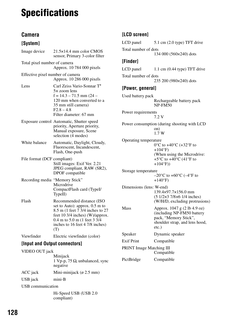 Specifications, Camera | Sony DSC-R1 User Manual | Page 128 / 135