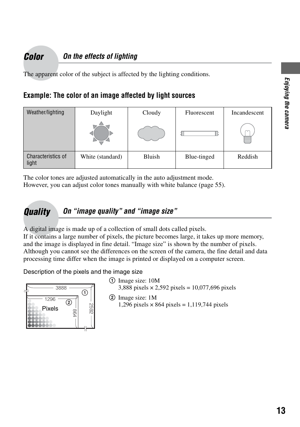 Color on the effects of lighting, Quality on “image quality” and “image size, Color | Quality | Sony DSC-R1 User Manual | Page 13 / 135