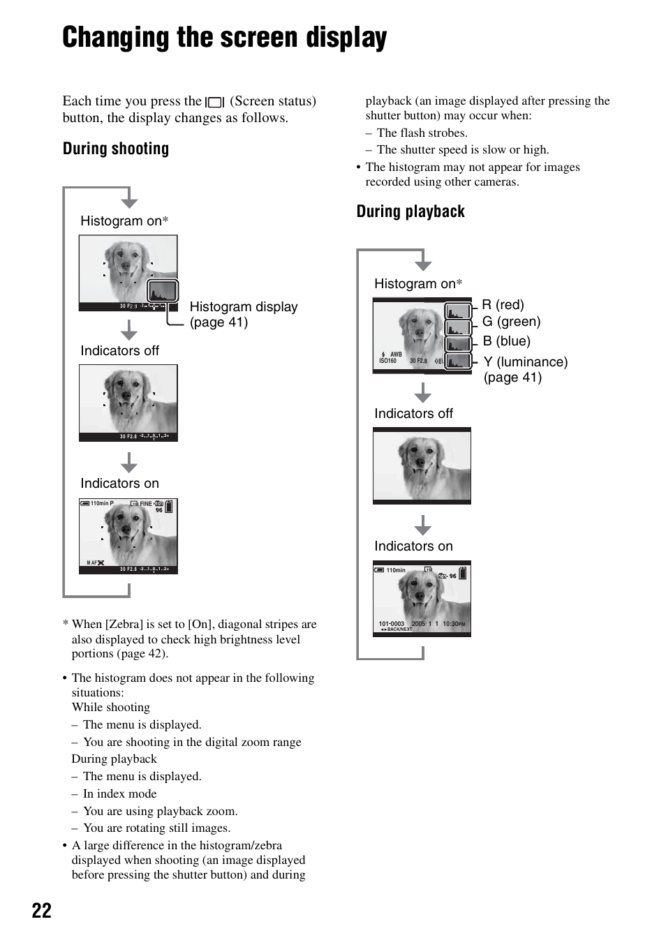 Changing the screen display, During shooting, During playback | Sony DSC-R1 User Manual | Page 22 / 135