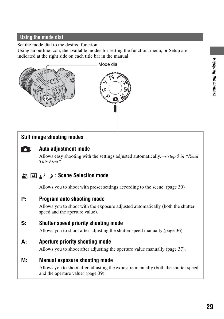 Using the mode dial | Sony DSC-R1 User Manual | Page 29 / 135