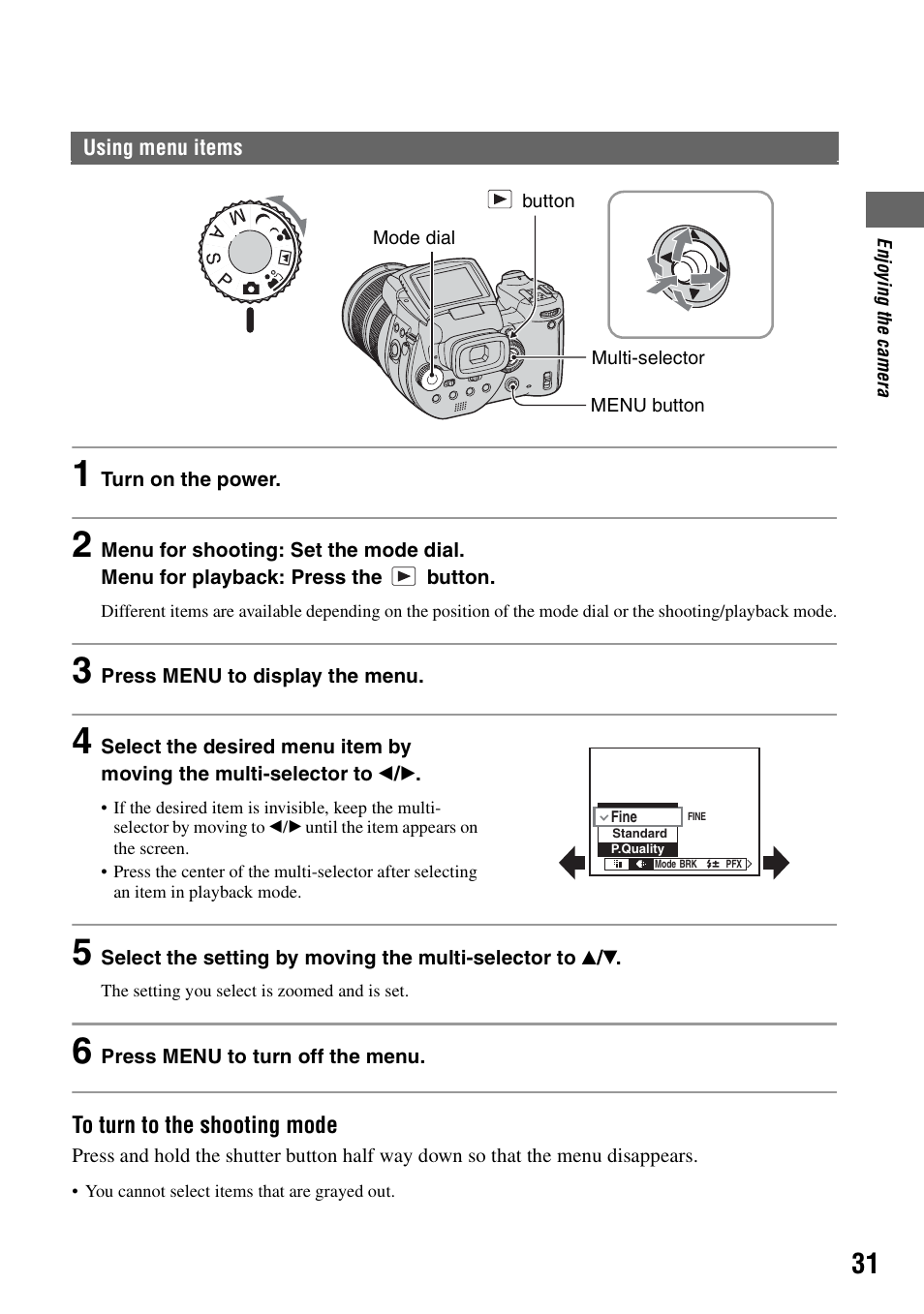Using menu items, Nu (31) | Sony DSC-R1 User Manual | Page 31 / 135
