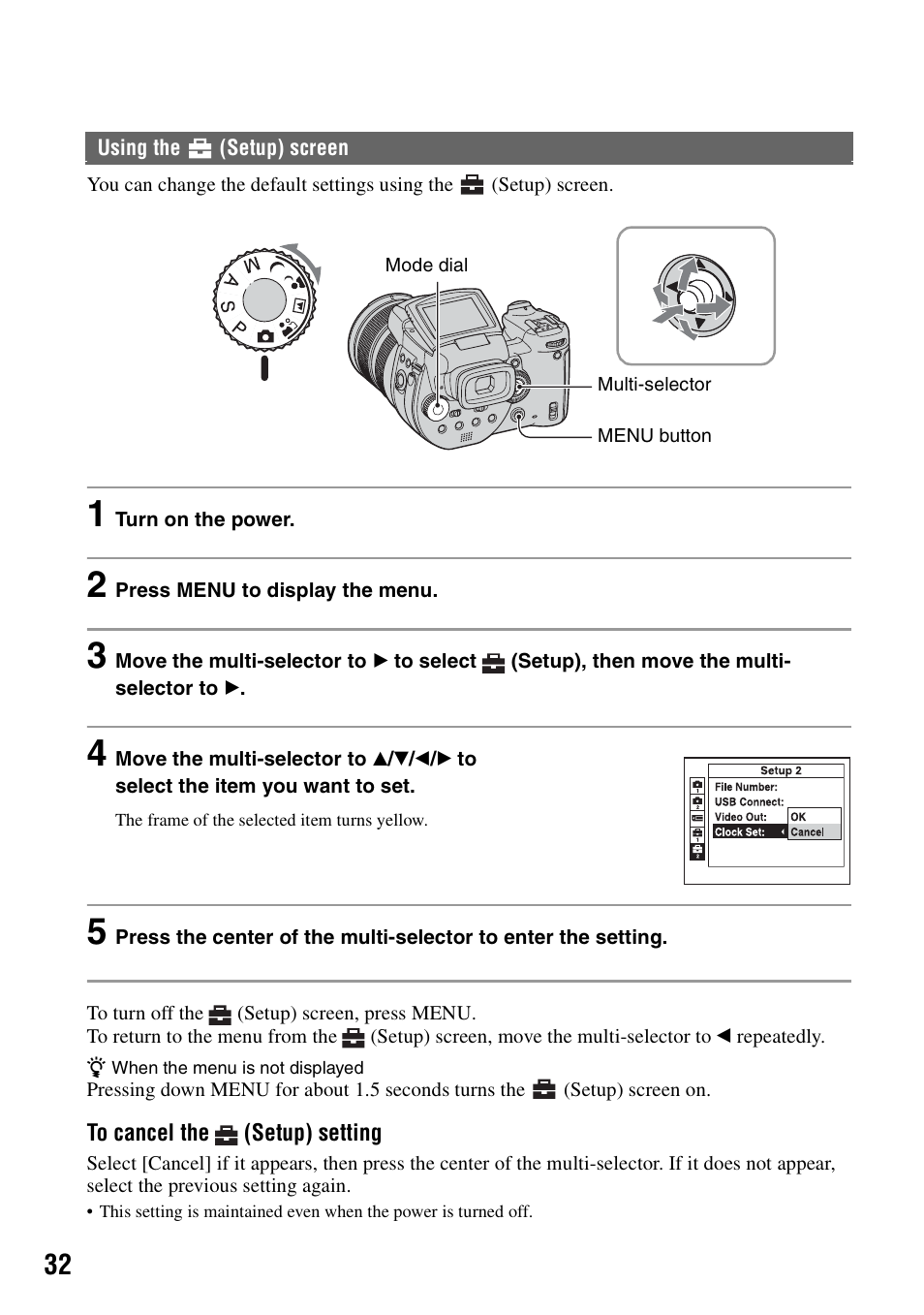 Using the (setup) screen | Sony DSC-R1 User Manual | Page 32 / 135