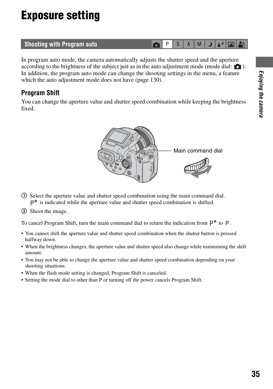 Exposure setting, Shooting with program auto | Sony DSC-R1 User Manual | Page 35 / 135