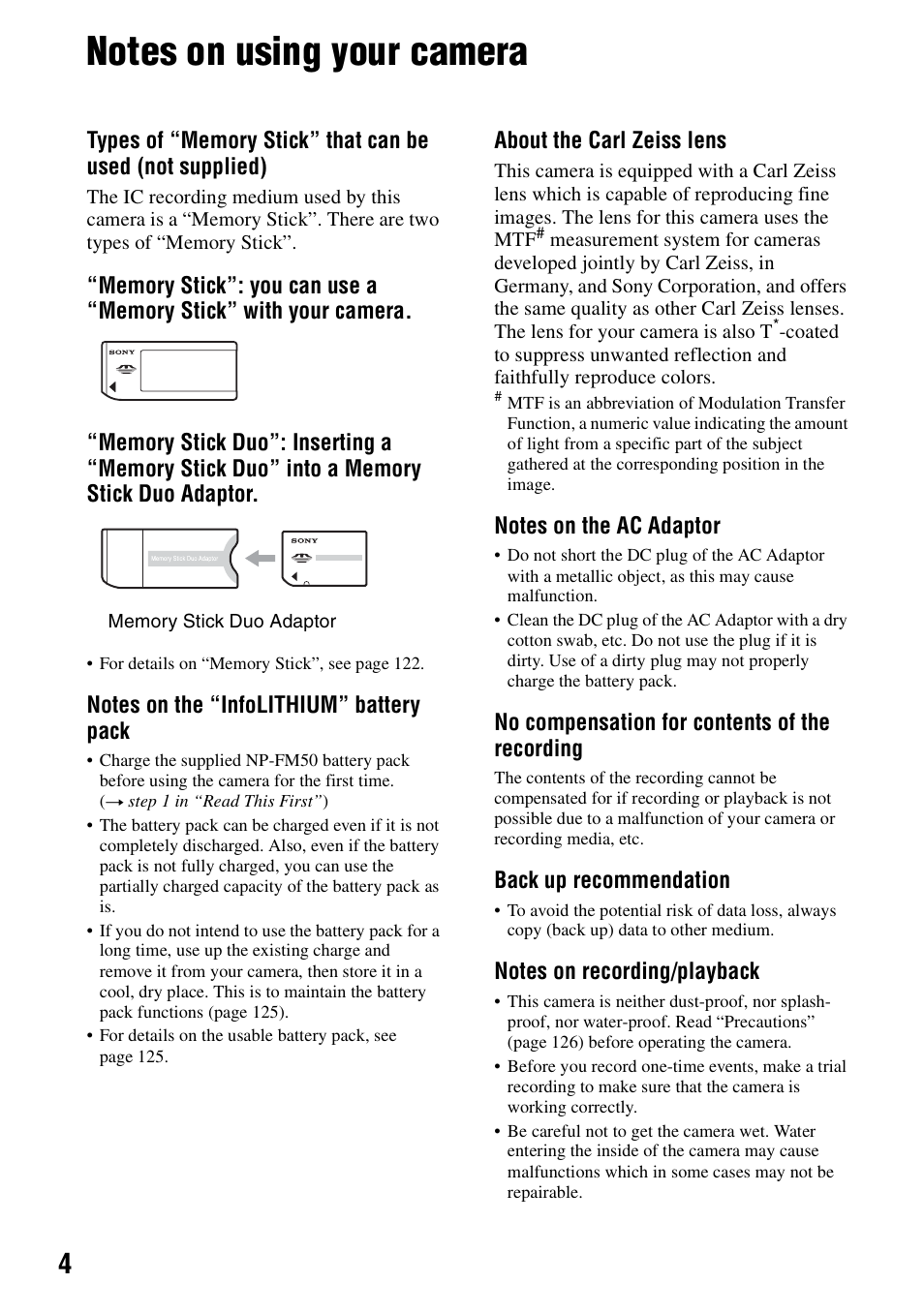 Notes on using your camera | Sony DSC-R1 User Manual | Page 4 / 135