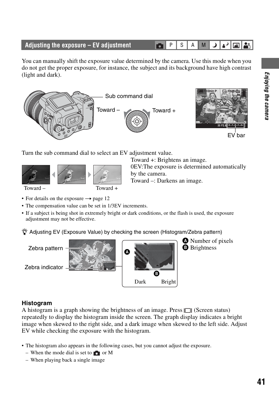 Adjusting the exposure – ev adjustment | Sony DSC-R1 User Manual | Page 41 / 135