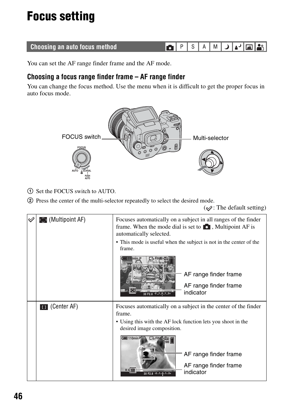 Focus setting, Choosing an auto focus method, The default setting) | Multipoint af), Center af), Focus switch multi-selector | Sony DSC-R1 User Manual | Page 46 / 135