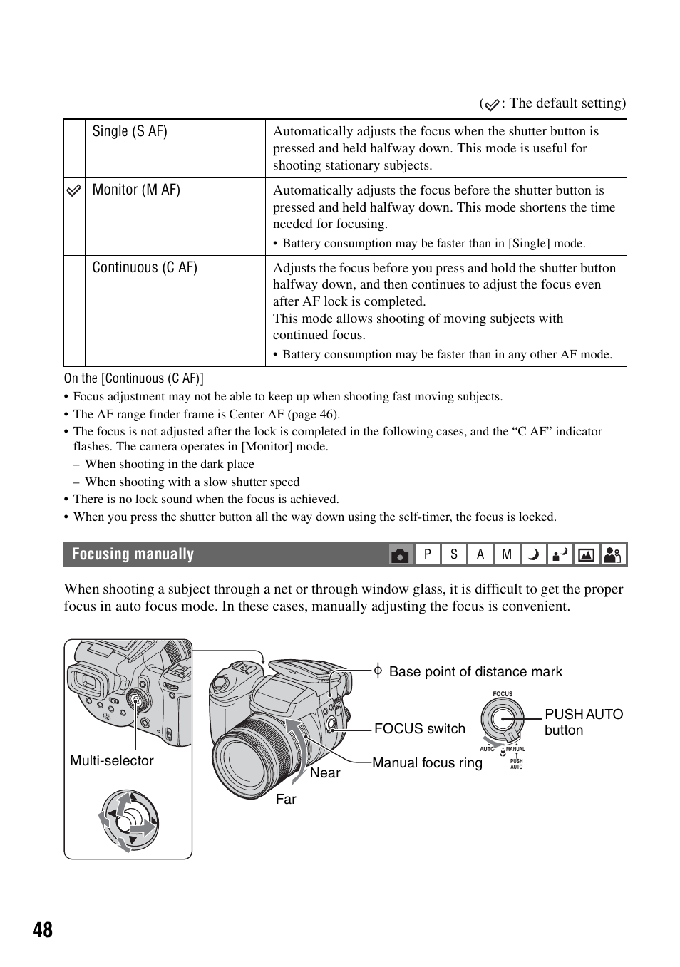 Focusing manually, S (48) | Sony DSC-R1 User Manual | Page 48 / 135