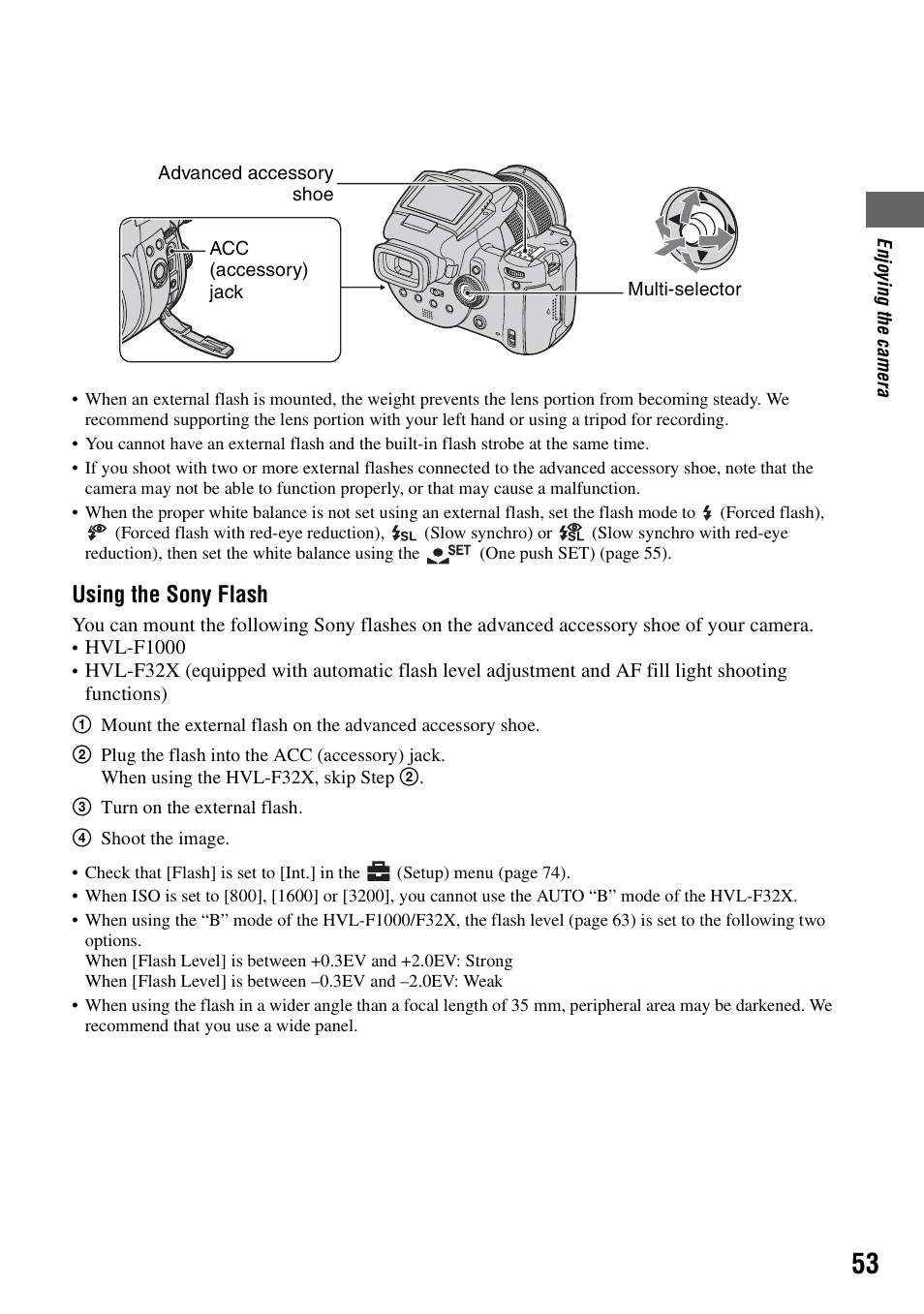 Using the sony flash | Sony DSC-R1 User Manual | Page 53 / 135
