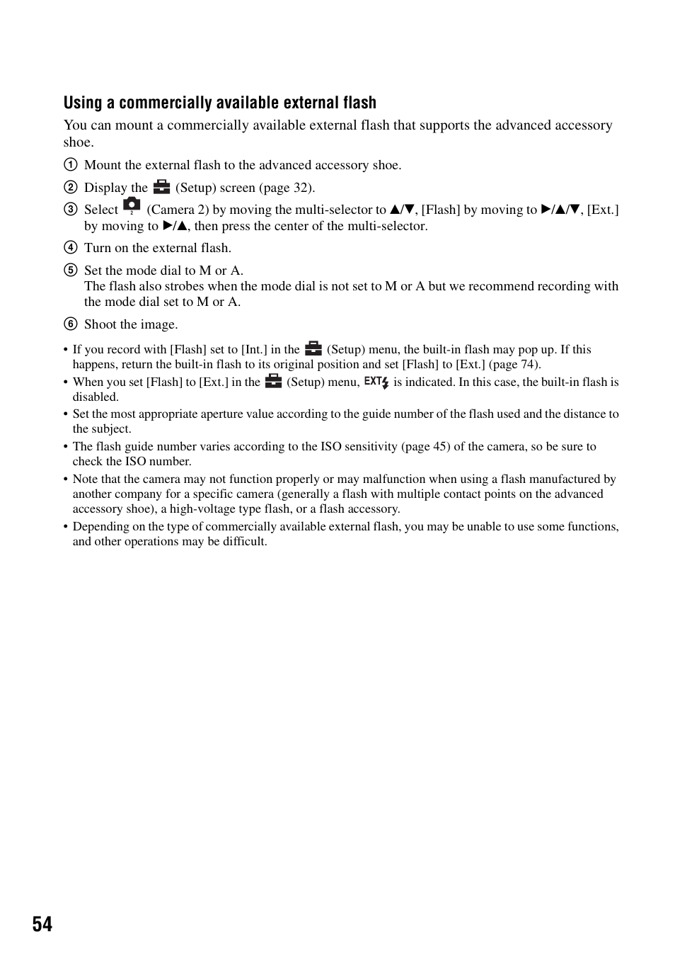Using a commercially available external flash | Sony DSC-R1 User Manual | Page 54 / 135