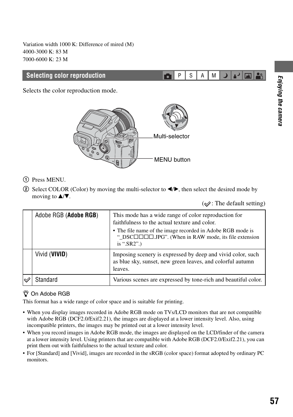 Selecting color reproduction | Sony DSC-R1 User Manual | Page 57 / 135