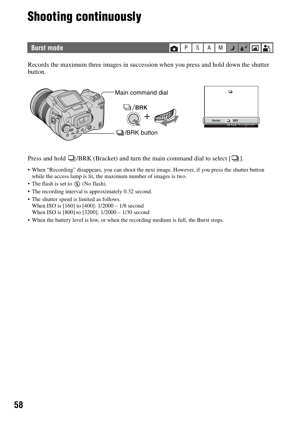 Shooting continuously, Burst mode | Sony DSC-R1 User Manual | Page 58 / 135