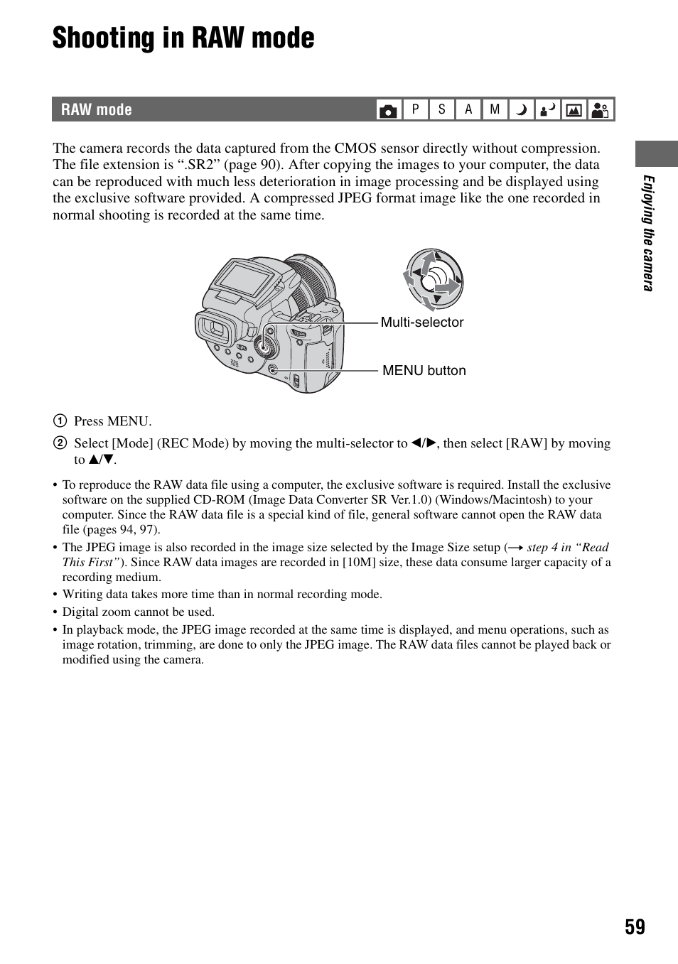 Shooting in raw mode, Raw mode | Sony DSC-R1 User Manual | Page 59 / 135