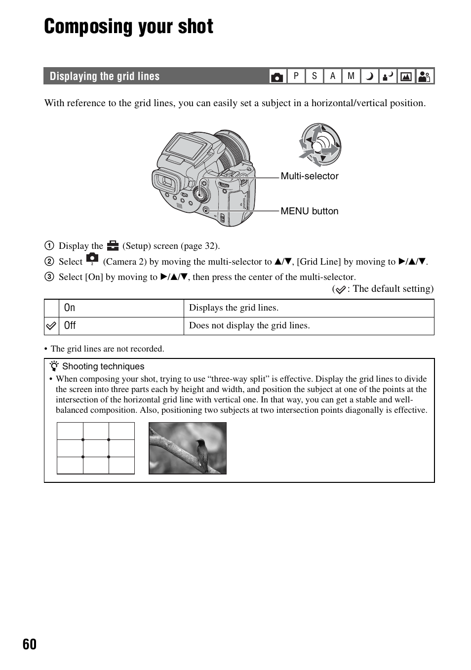 Composing your shot, Displaying the grid lines | Sony DSC-R1 User Manual | Page 60 / 135