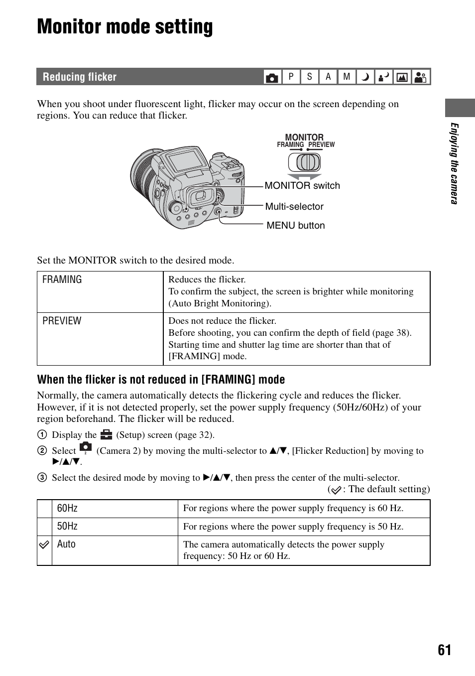 Monitor mode setting, Reducing flicker | Sony DSC-R1 User Manual | Page 61 / 135