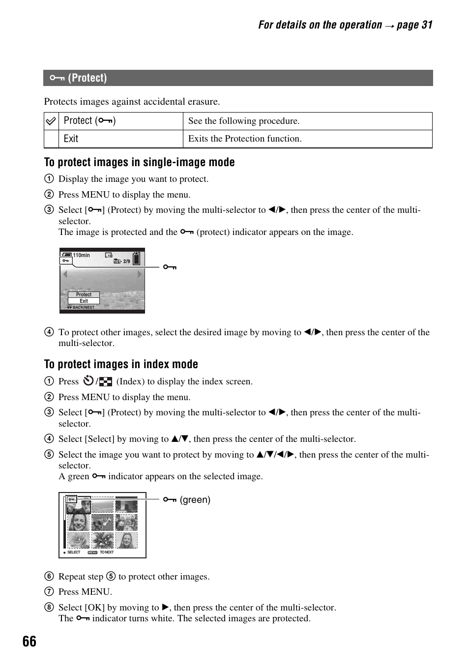 Protect), For details on the operation, Page 31 | Sony DSC-R1 User Manual | Page 66 / 135