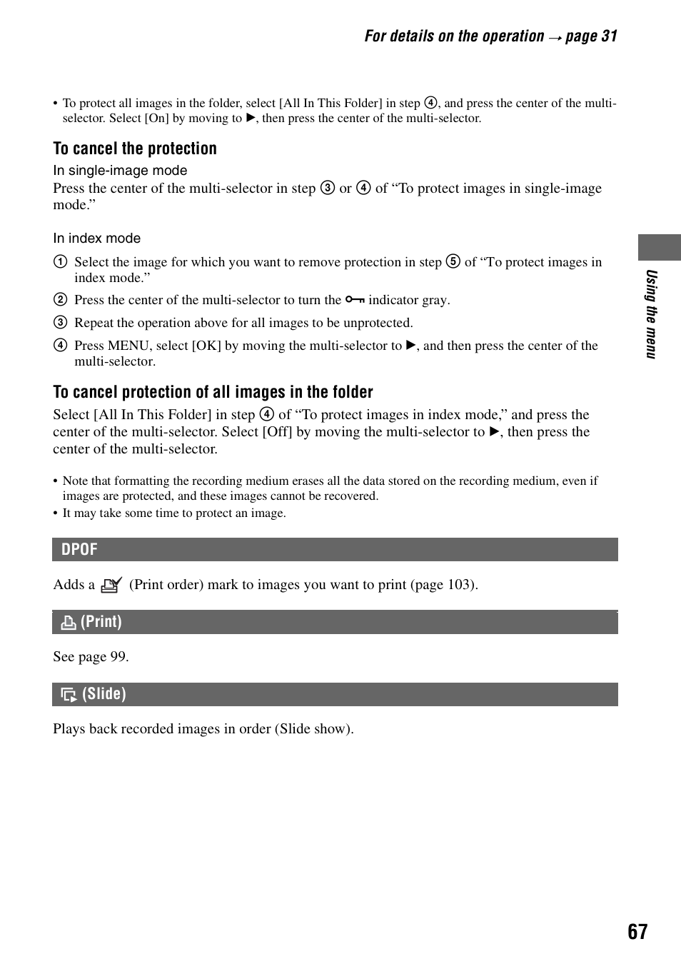 Dpof, Print), Slide) | Sony DSC-R1 User Manual | Page 67 / 135