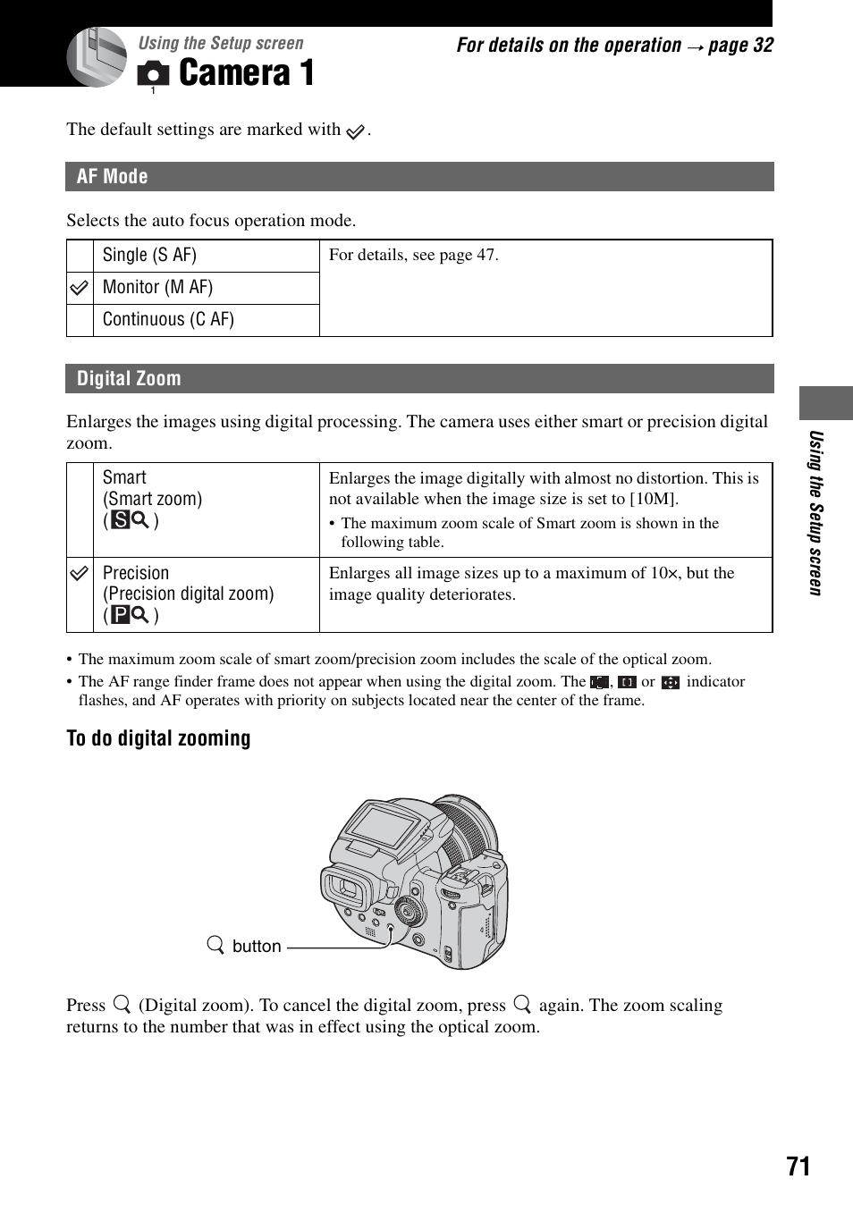 Using the setup screen, Camera 1, Af mode digital zoom | Sony DSC-R1 User Manual | Page 71 / 135