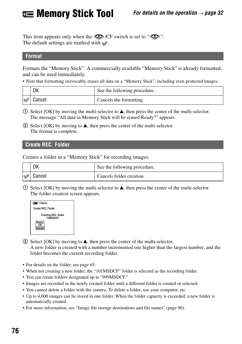 Memory stick tool, Format create rec. folder, T [create rec. folder | Sony DSC-R1 User Manual | Page 76 / 135