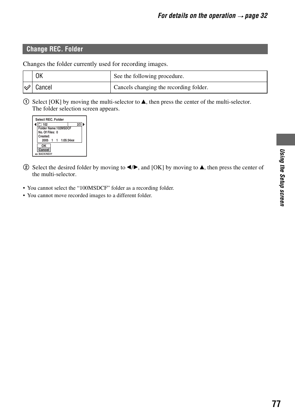 Change rec. folder, T [change rec. folder, For details on the operation | Pa ge 32, Cancel | Sony DSC-R1 User Manual | Page 77 / 135