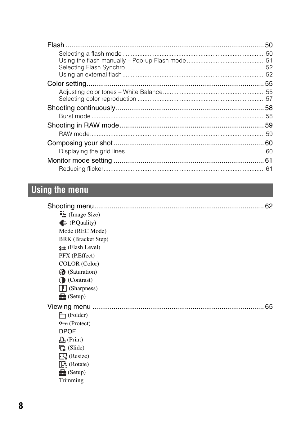 Using the menu | Sony DSC-R1 User Manual | Page 8 / 135