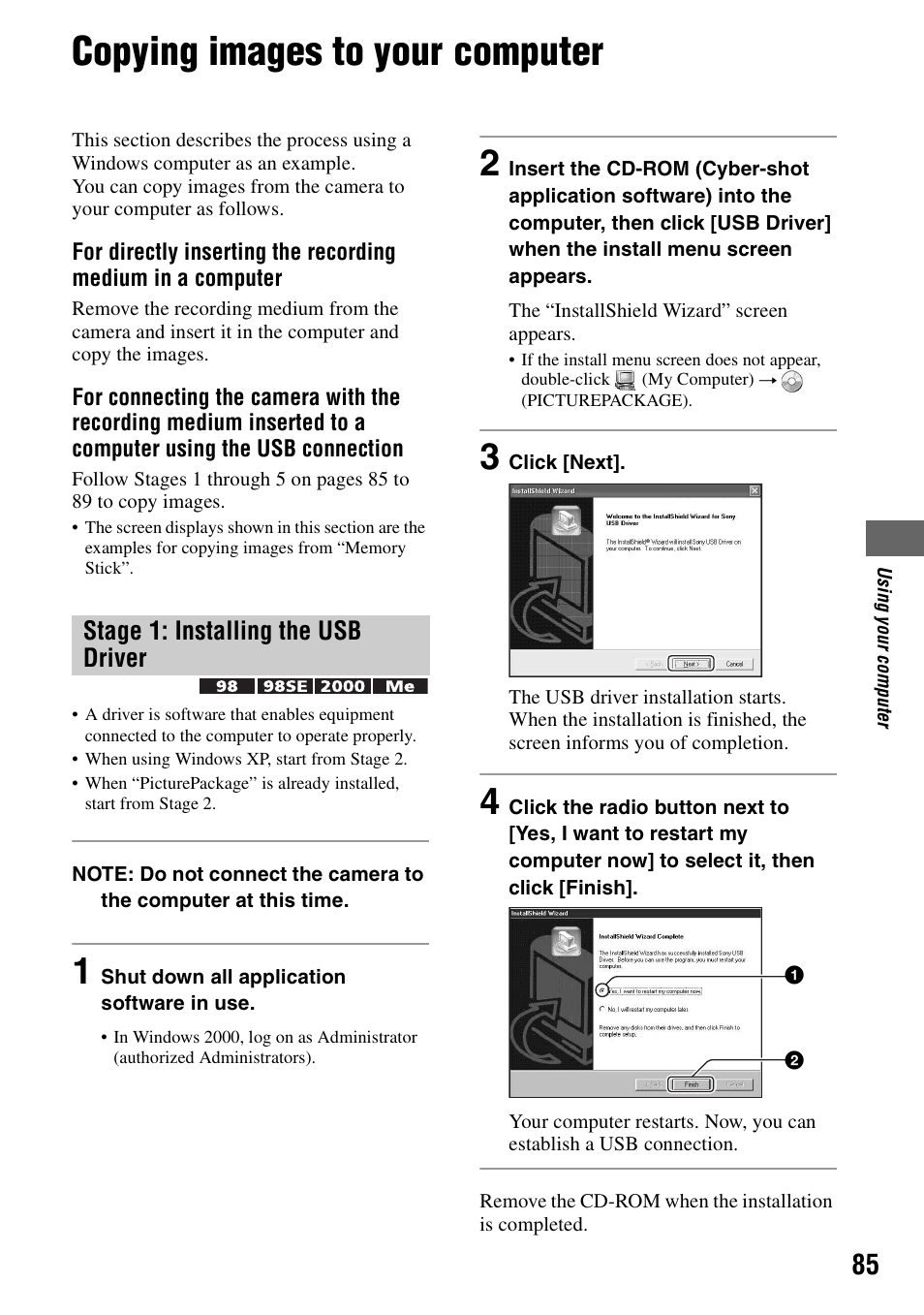 Copying images to your computer, Stage 1: installing the usb driver | Sony DSC-R1 User Manual | Page 85 / 135
