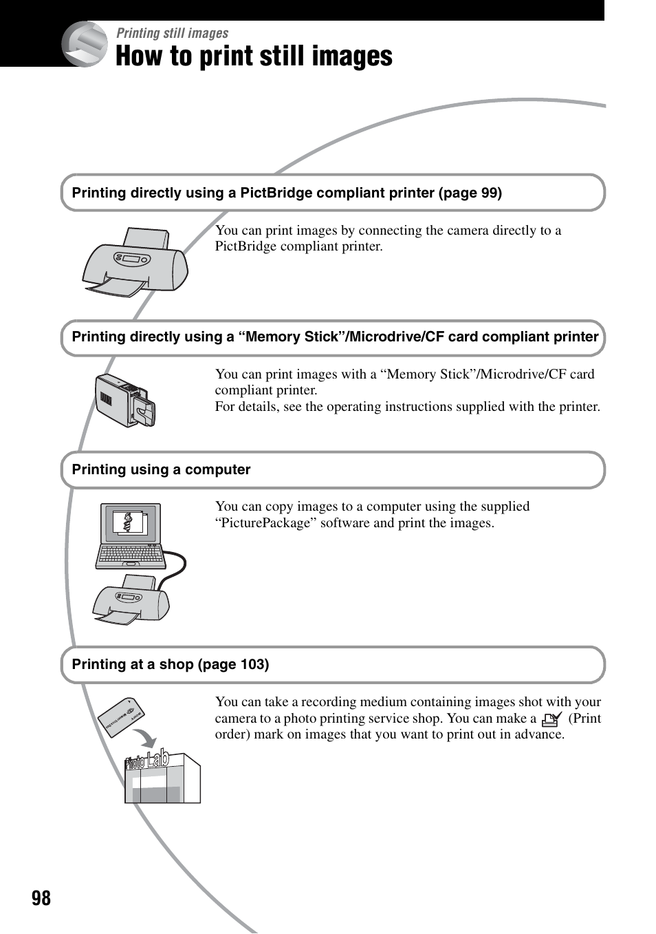 Printing still images, How to print still images | Sony DSC-R1 User Manual | Page 98 / 135