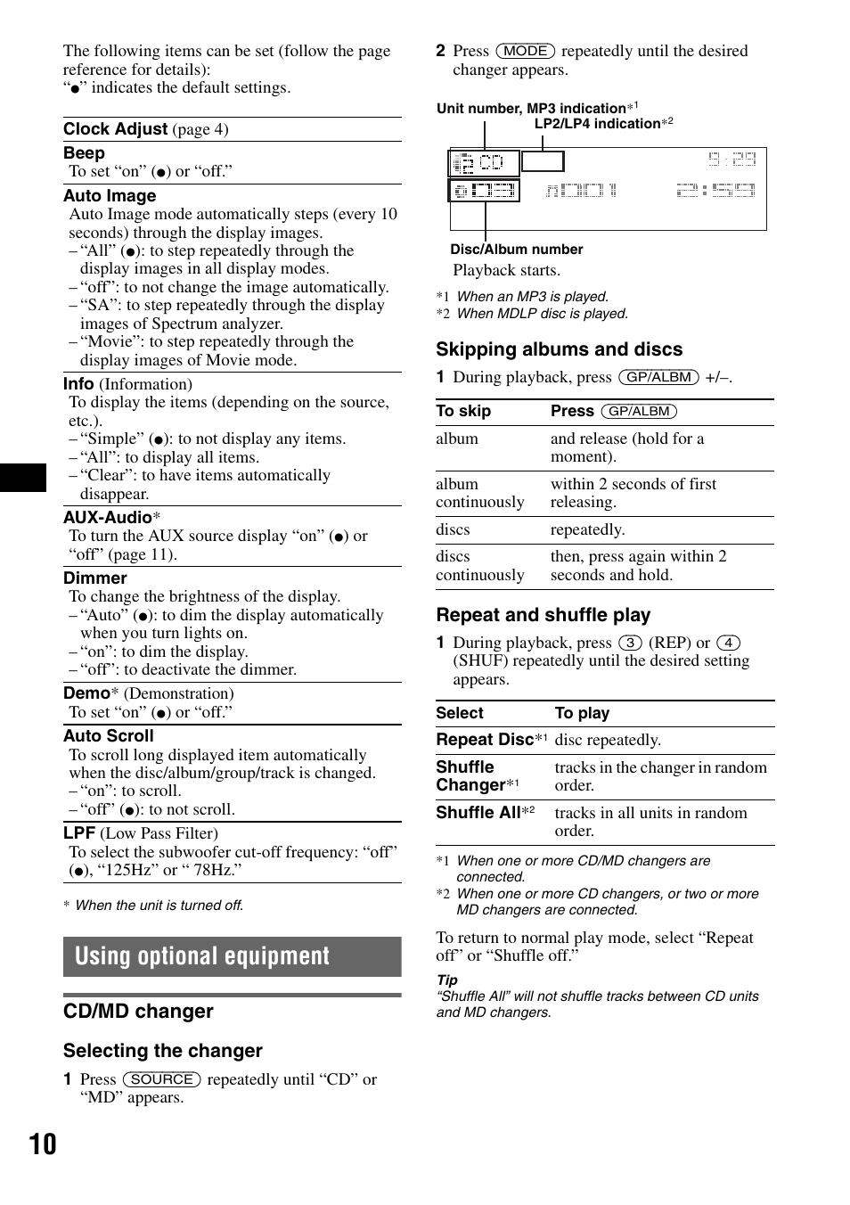 Using optional equipment, Cd/md changer | Sony CDX-GT50W User Manual | Page 10 / 36