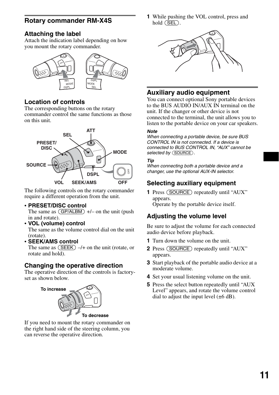 Rotary commander rm-x4s, Auxiliary audio equipment, Rotary commander rm-x4s auxiliary audio equipment | Attaching the label, Location of controls, Changing the operative direction, Selecting auxiliary equipment, Adjusting the volume level | Sony CDX-GT50W User Manual | Page 11 / 36