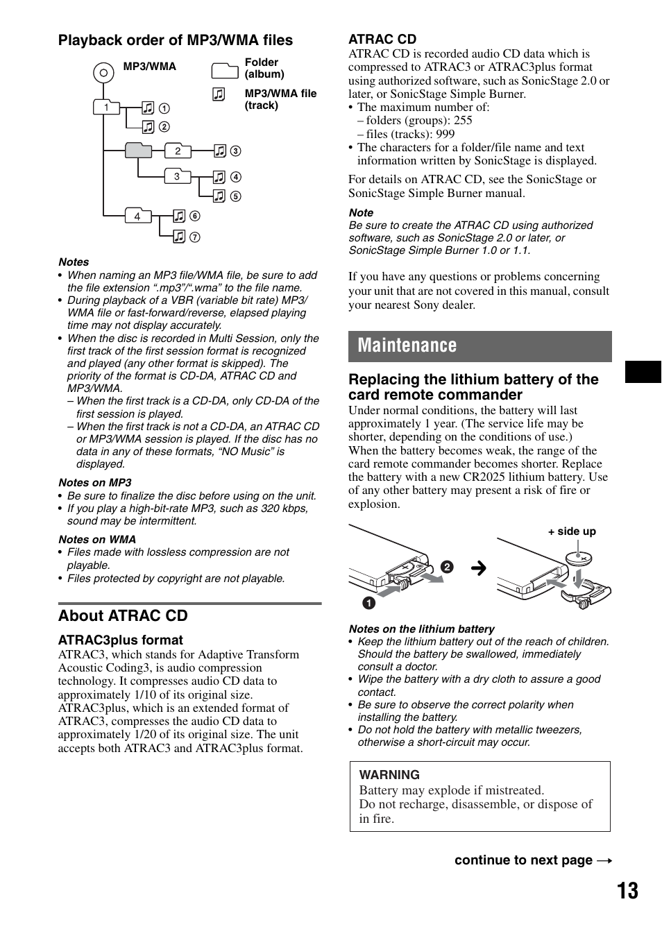 About atrac cd, Maintenance, Playback order of mp3/wma files | Sony CDX-GT50W User Manual | Page 13 / 36