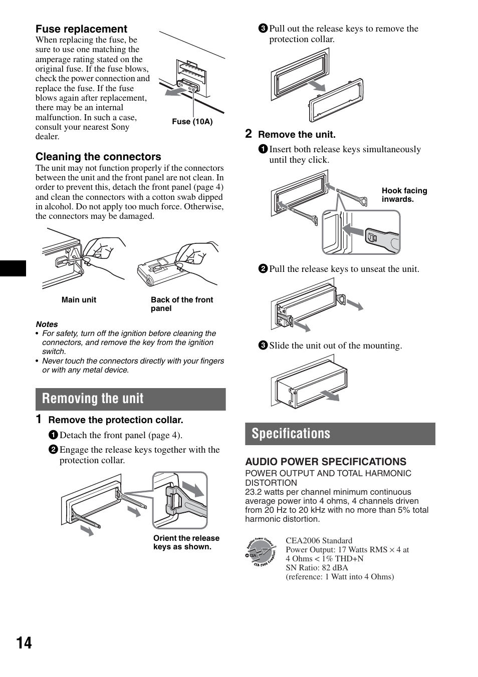 Removing the unit, Specifications, Removing the unit specifications | Sony CDX-GT50W User Manual | Page 14 / 36