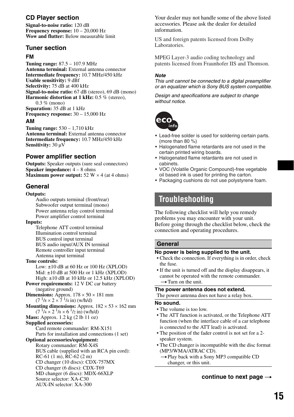 Troubleshooting | Sony CDX-GT50W User Manual | Page 15 / 36