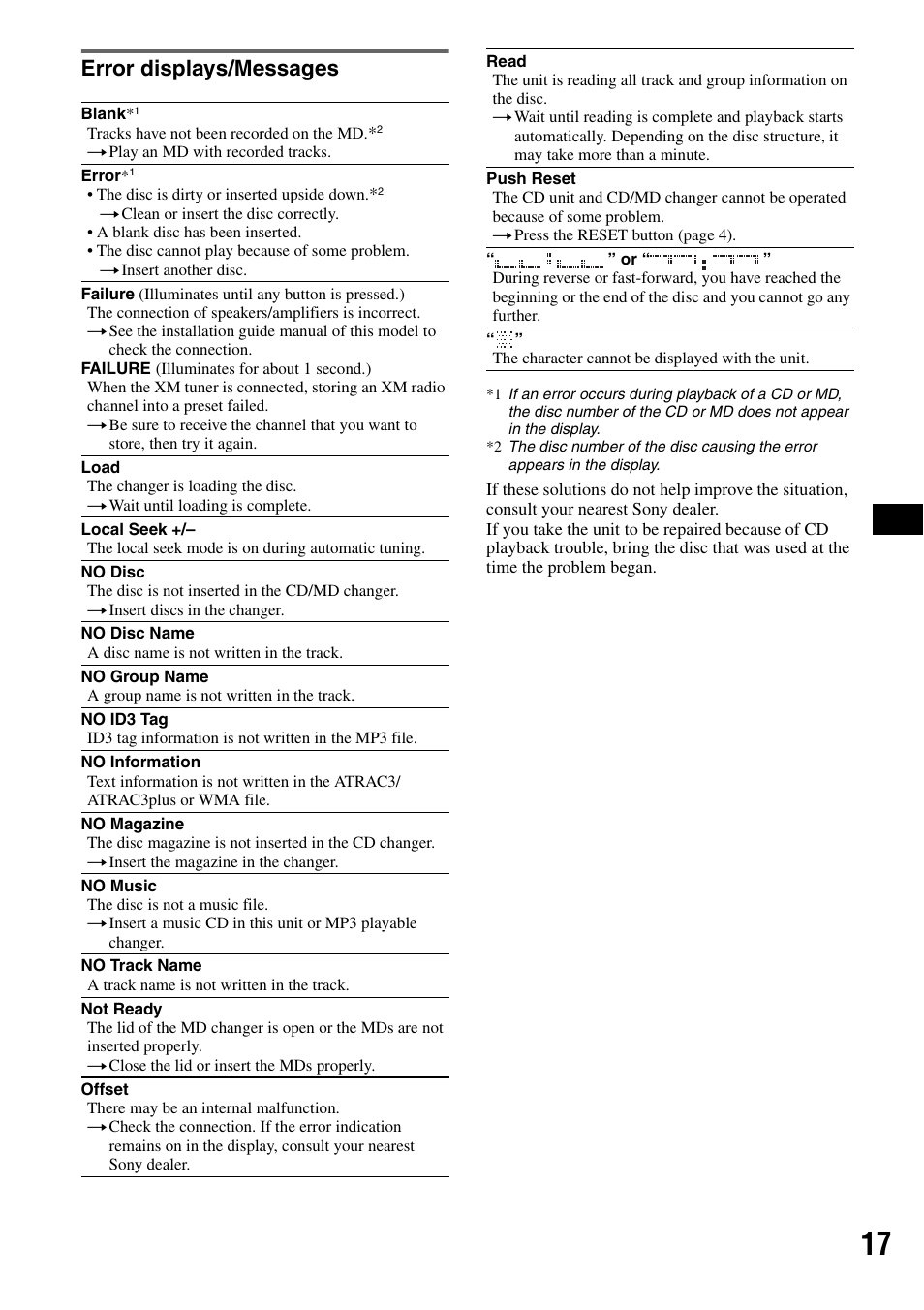 Error displays/messages | Sony CDX-GT50W User Manual | Page 17 / 36