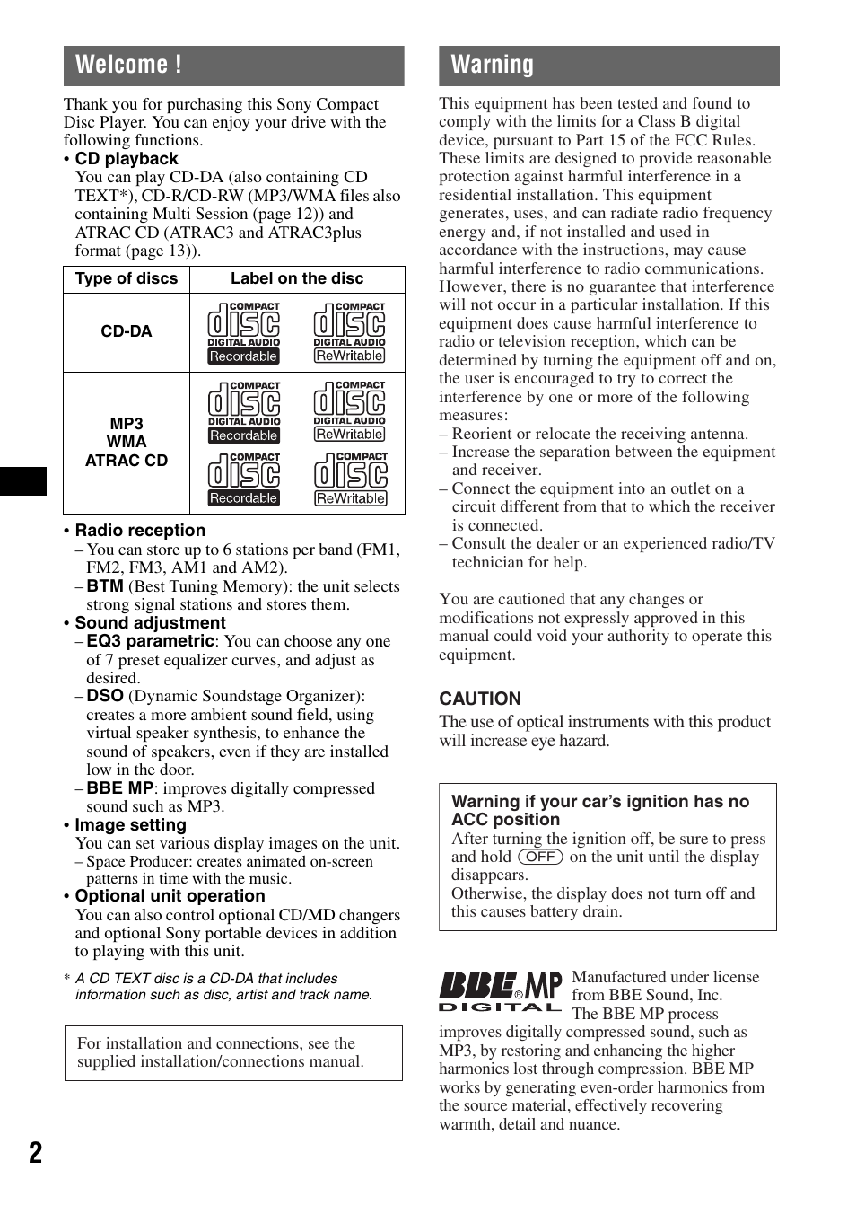 Welcome, Warning | Sony CDX-GT50W User Manual | Page 2 / 36