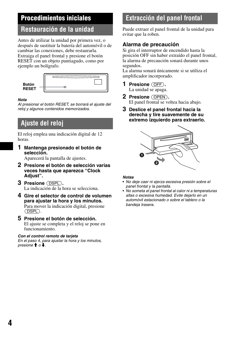 Procedimientos iniciales, Restauración de la unidad, Ajuste del reloj | Extracción del panel frontal, Procedimientos iniciales restauración de la unidad | Sony CDX-GT50W User Manual | Page 20 / 36