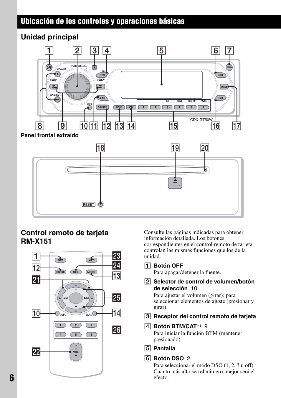 Ubicación de los controles y operaciones básicas, Unidad principal, Control remoto de tarjeta rm-x151 | Unidad principal control remoto de tarjeta rm-x151, Ql w; qk | Sony CDX-GT50W User Manual | Page 22 / 36