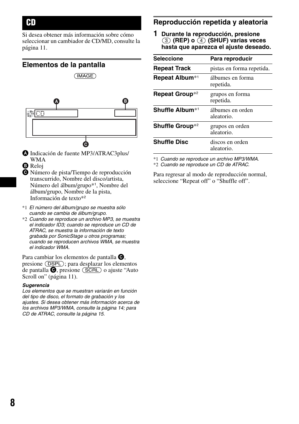 Elementos de la pantalla, Reproducción repetida y aleatoria | Sony CDX-GT50W User Manual | Page 24 / 36