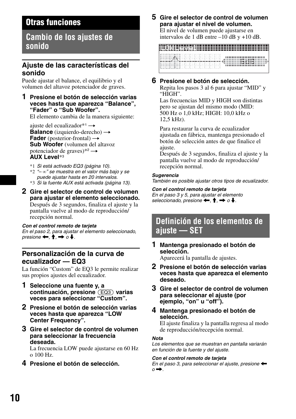 Otras funciones, Cambio de los ajustes de sonido, Ajuste de las características del sonido | Personalización de la curva de ecualizador - eq3, Definición de los elementos de ajuste - set, Definición de los elementos de ajuste — set, Otras funciones cambio de los ajustes de sonido | Sony CDX-GT50W User Manual | Page 26 / 36