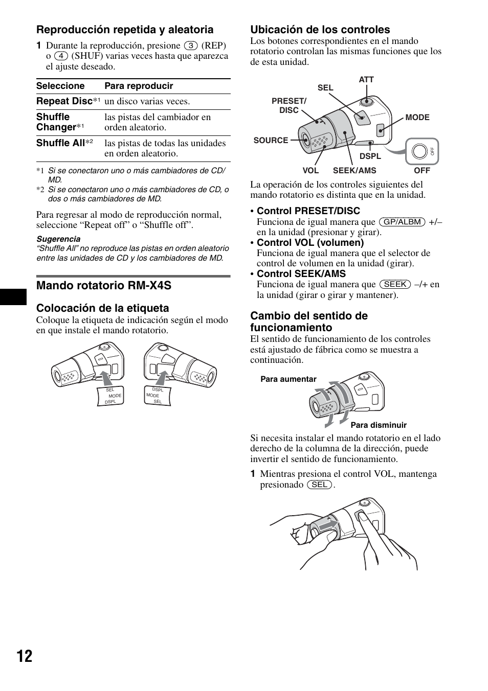 Mando rotatorio rm-x4s, Reproducción repetida y aleatoria, Colocación de la etiqueta | Ubicación de los controles, Cambio del sentido de funcionamiento | Sony CDX-GT50W User Manual | Page 28 / 36