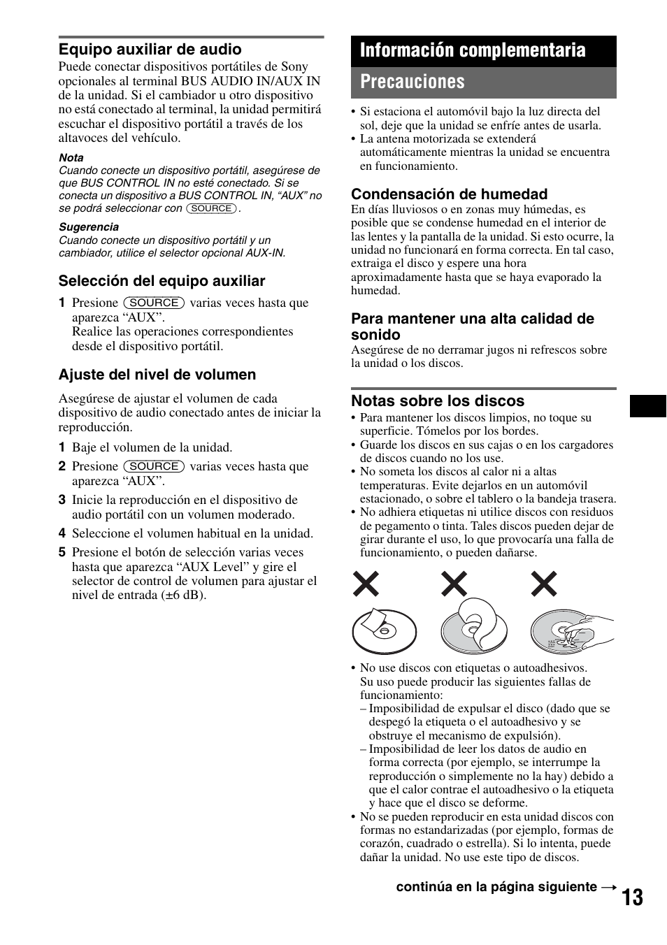 Equipo auxiliar de audio, Información complementaria, Precauciones | Notas sobre los discos, Información complementaria precauciones | Sony CDX-GT50W User Manual | Page 29 / 36