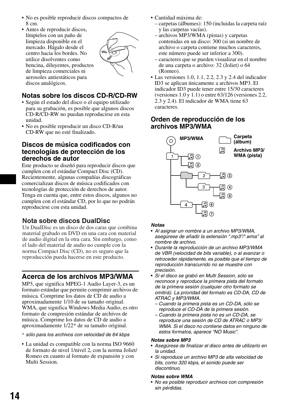 Acerca de los archivos mp3/wma, Notas sobre los discos cd-r/cd-rw, Orden de reproducción de los archivos mp3/wma | Nota sobre discos dualdisc | Sony CDX-GT50W User Manual | Page 30 / 36