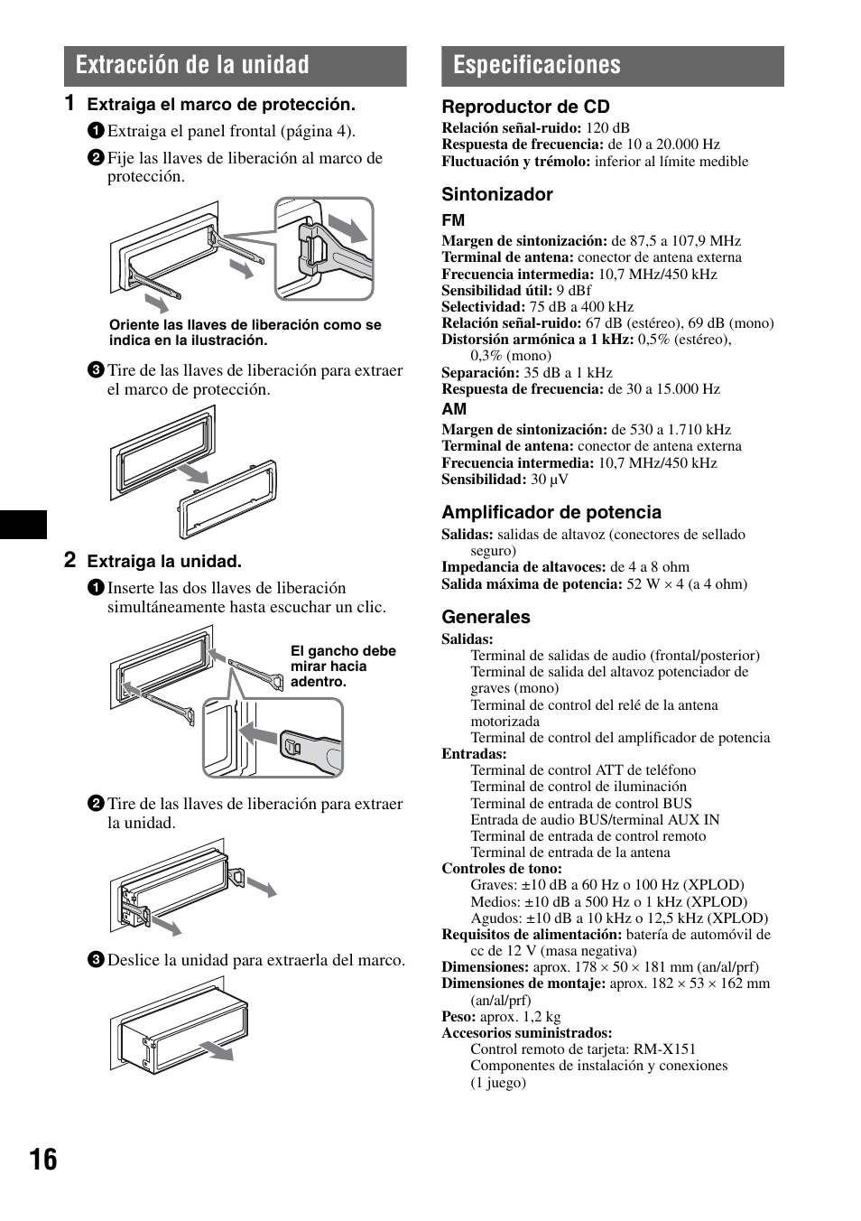 Extracción de la unidad, Especificaciones, Extracción de la unidad especificaciones | Sony CDX-GT50W User Manual | Page 32 / 36